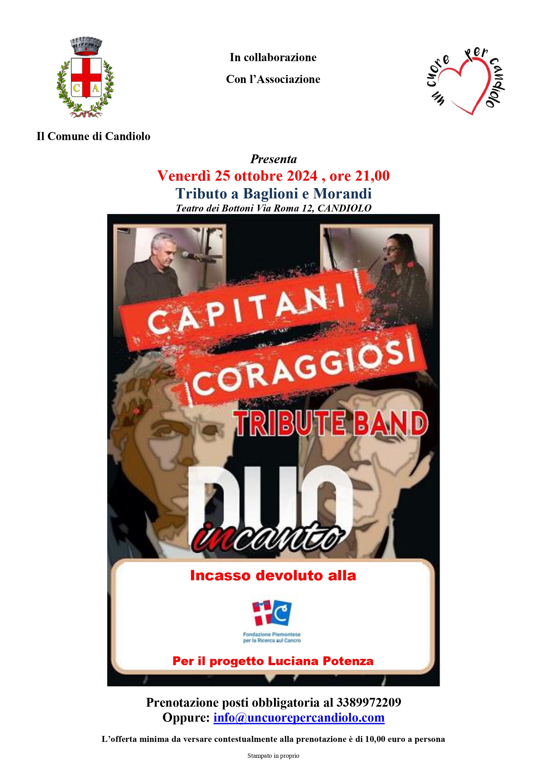 Tributo a Baglioni e Morandi  - venerdi 25 ottobre   2024 ore 21,00 presso il Candiolo Village 