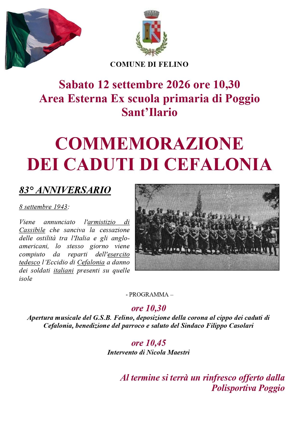 Commemorazione dei Caduti di Cefalonia: 83° anniversario