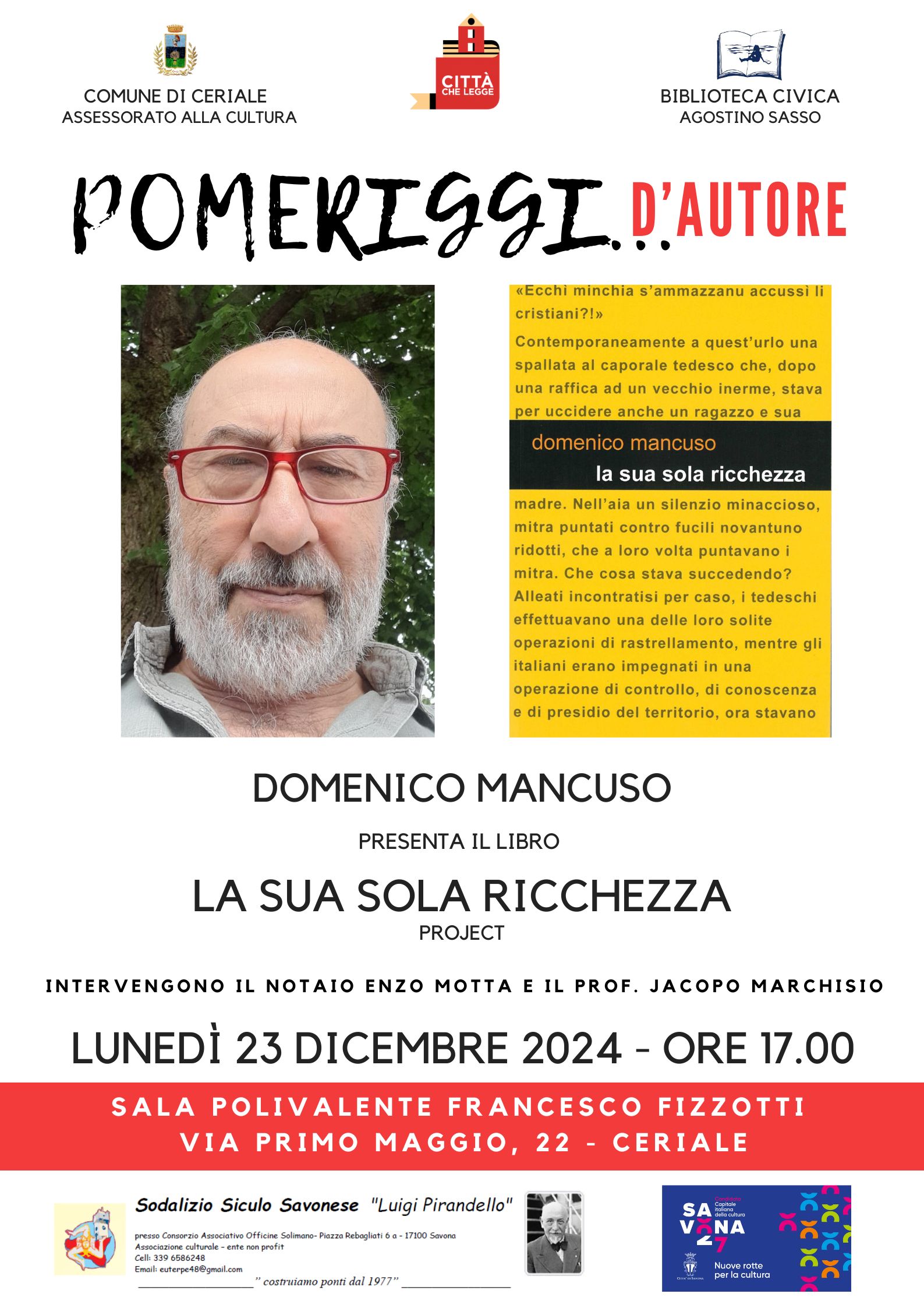 Pomeriggi… d’autore – Domenico Mancuso presenta il libro La sua sola ricchezza