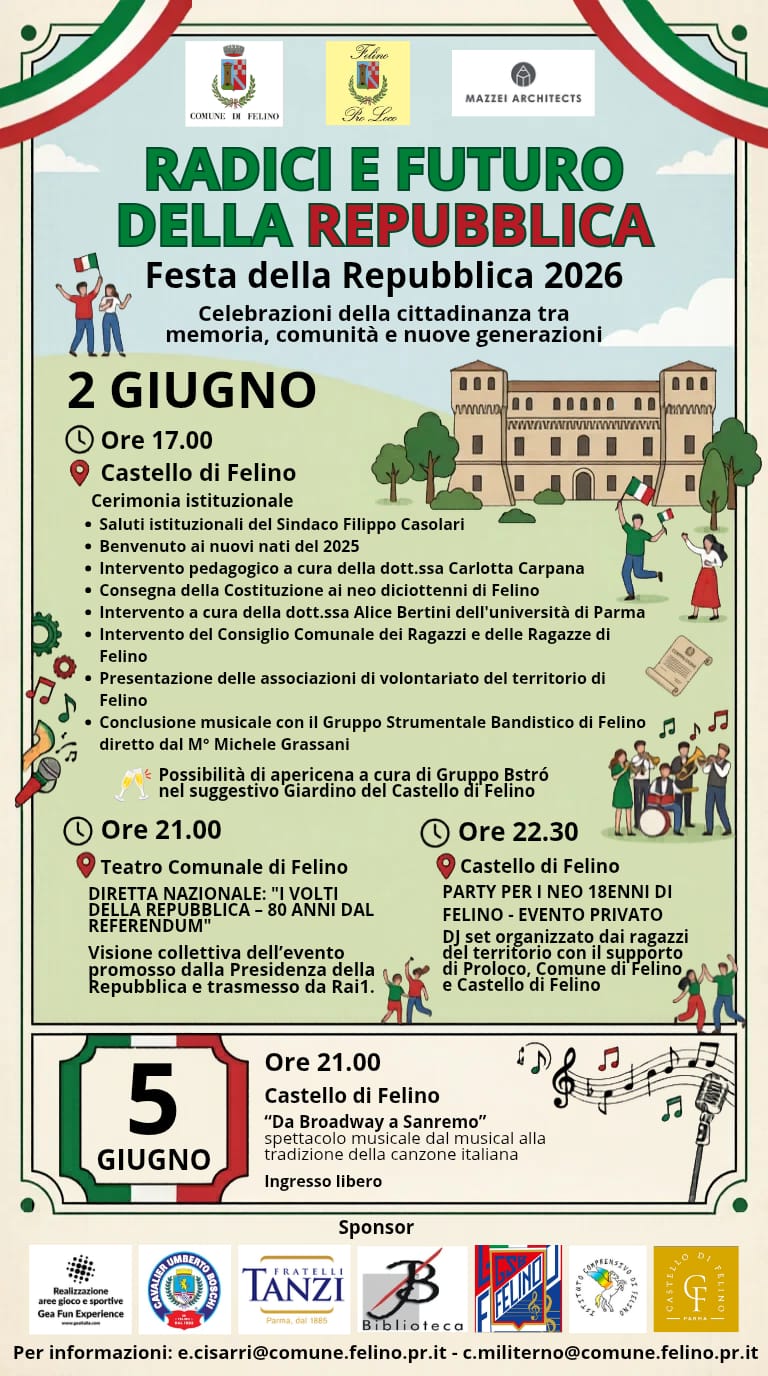“Radici e Futuro della Repubblica”: le celebrazioni a Felino per la festa della Repubblica 2026