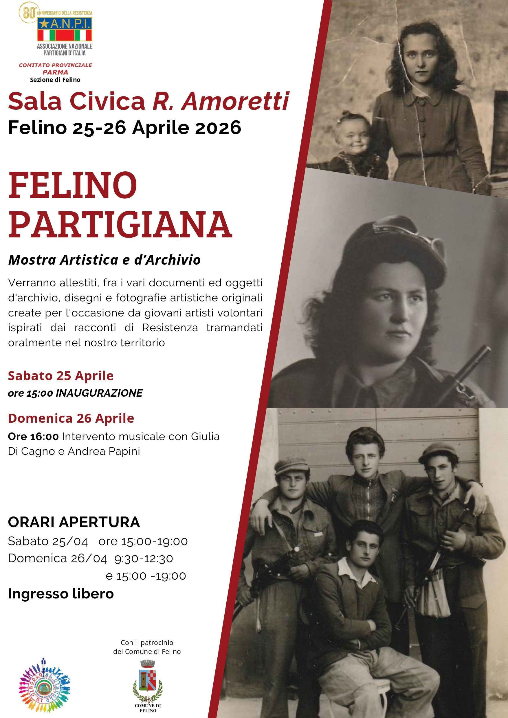 Felino partigiana 2026: alle ore 16 intervento musicale con Giulia Di Cagno e Andrea Papini