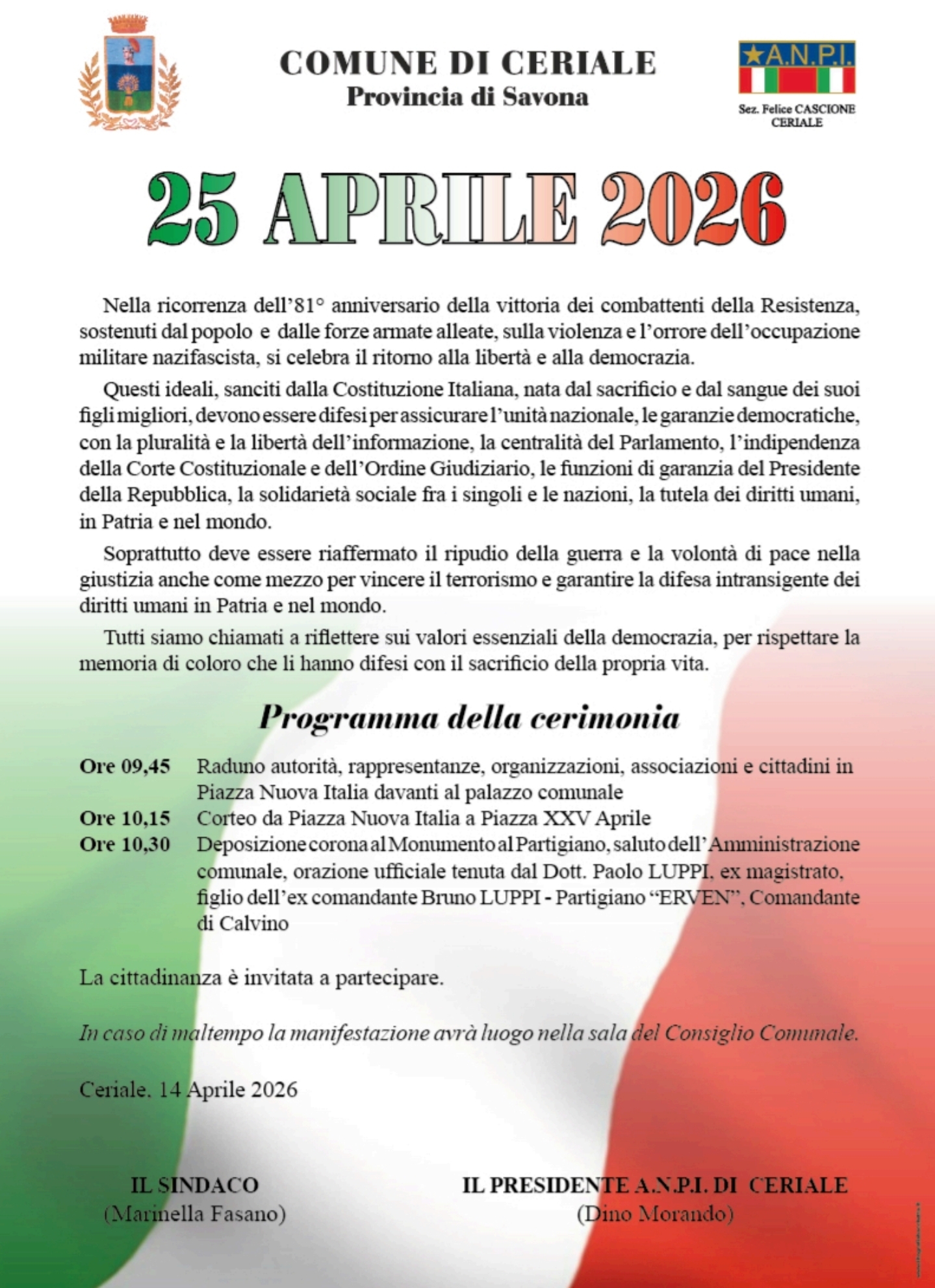 Cerimonia 25 aprile 2026