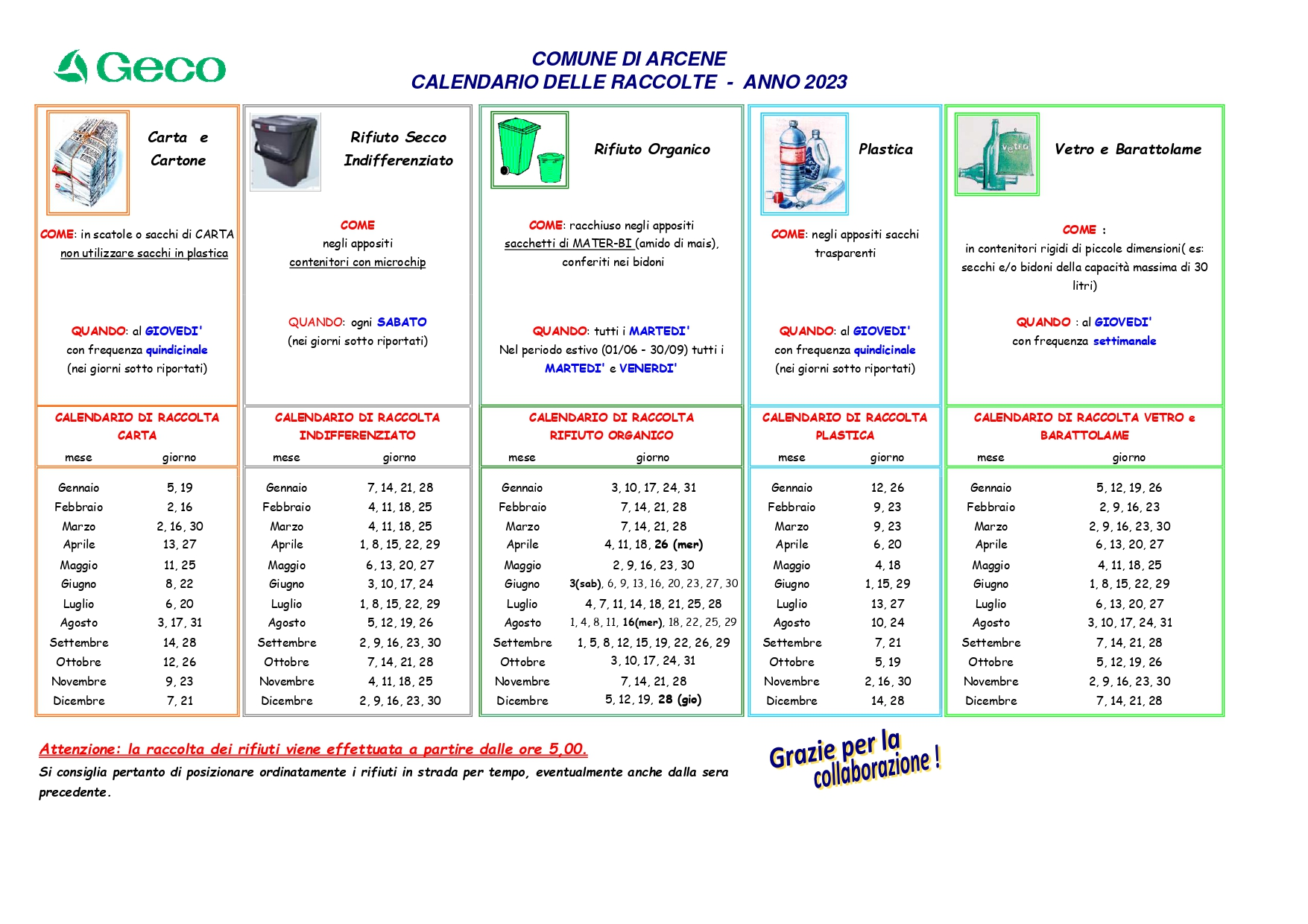 Calendario raccolta