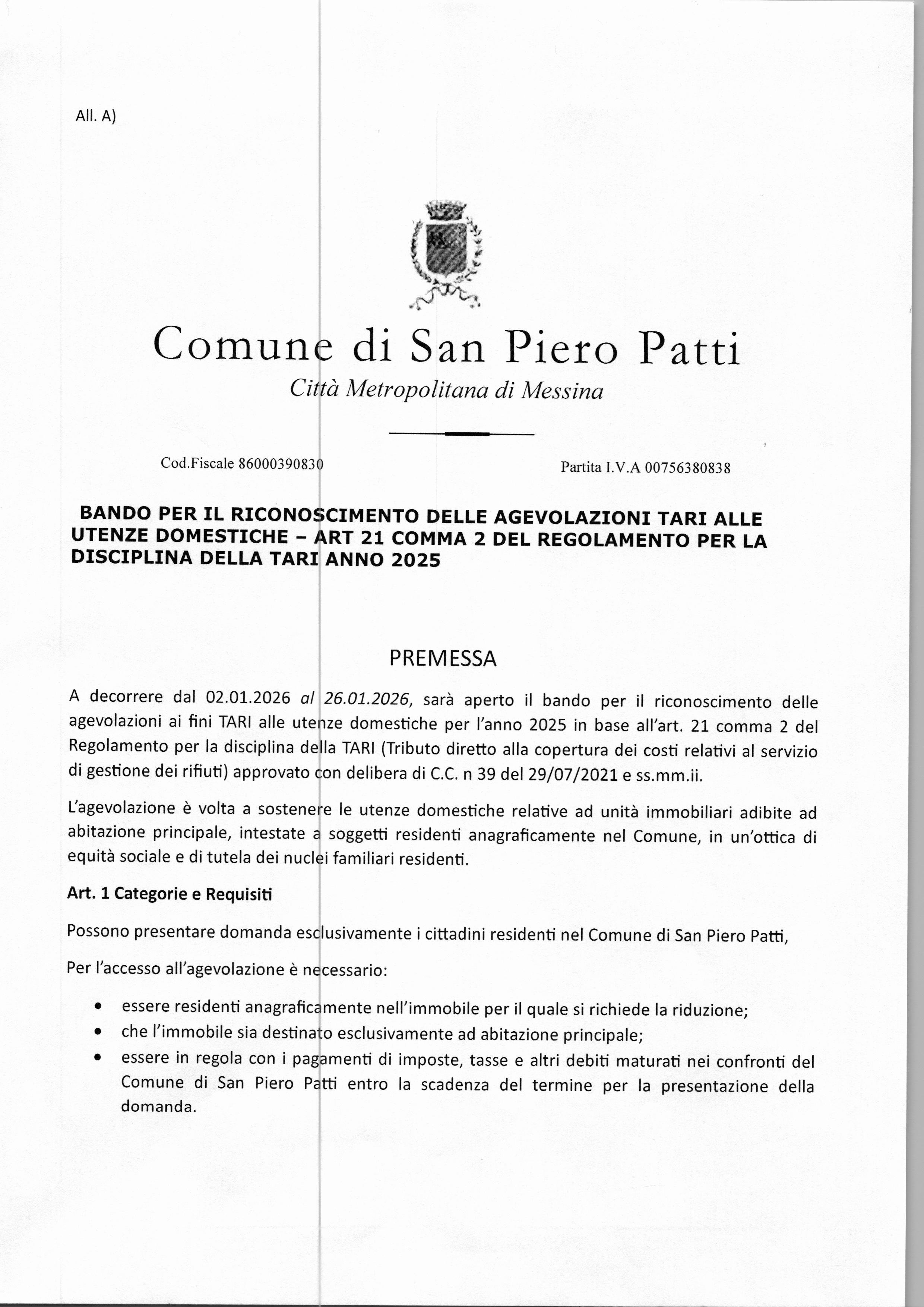 Apertura bando per il riconoscimento delle agevolazioni TARI alle utenze domestiche