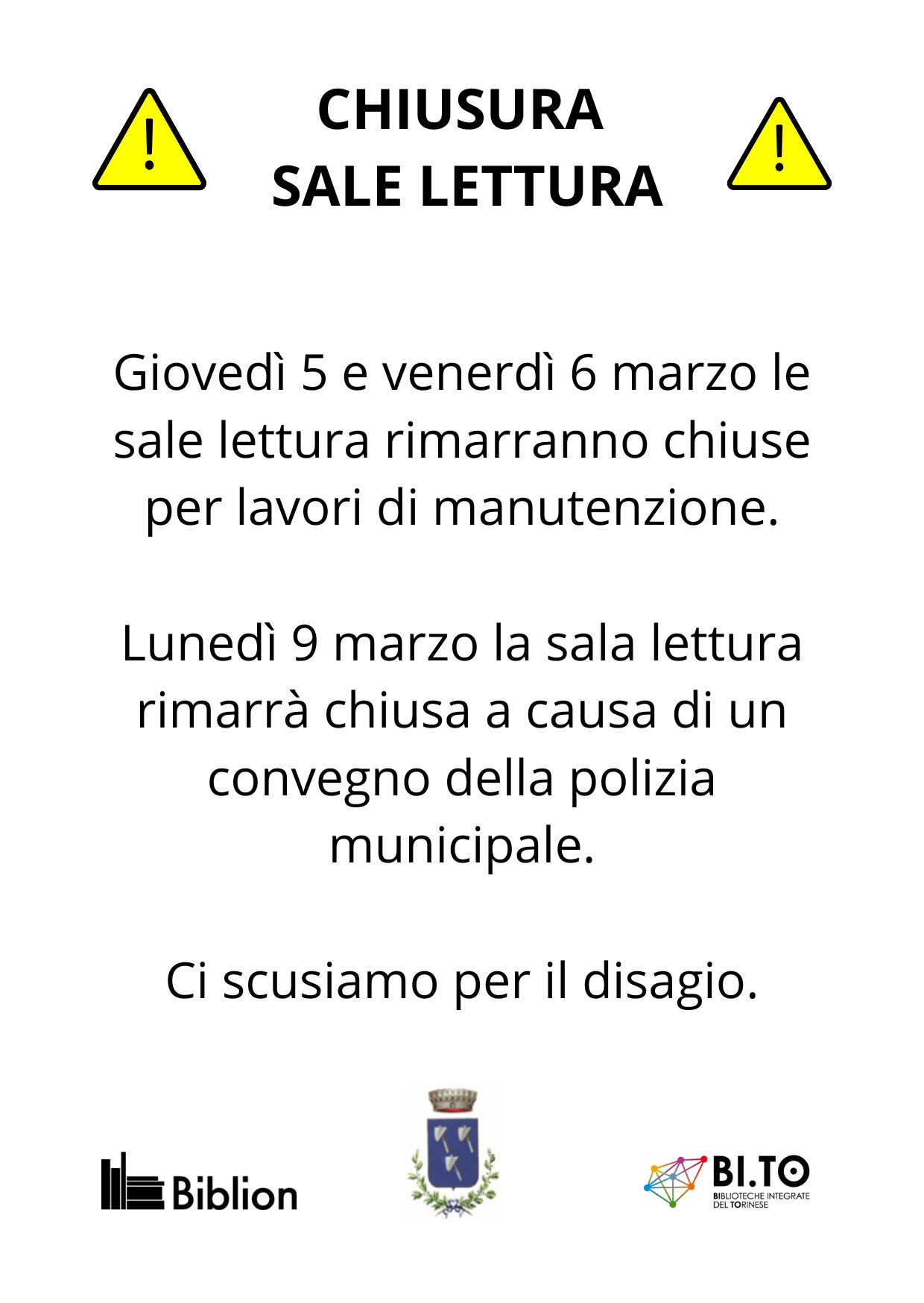 Chiusura Sale Lettura Biblioteca Civica 5-6-9 Marzo 