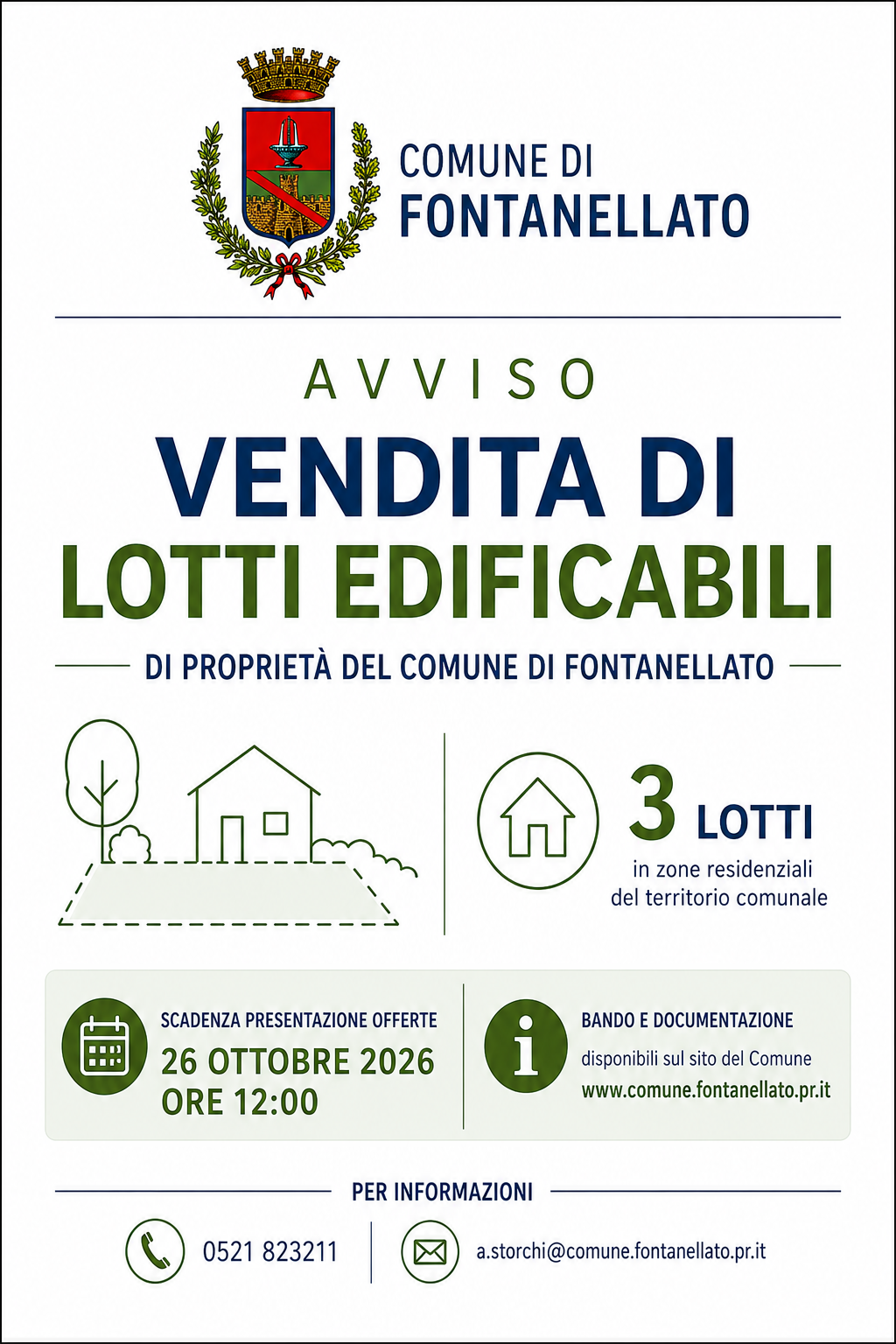 AVVISO PER LA VENDITA DI BENI IMMOBILI (TERRENI EDIFICABILI) DI PROPRIETA’ DEL COMUNE DI FONTANELLATO