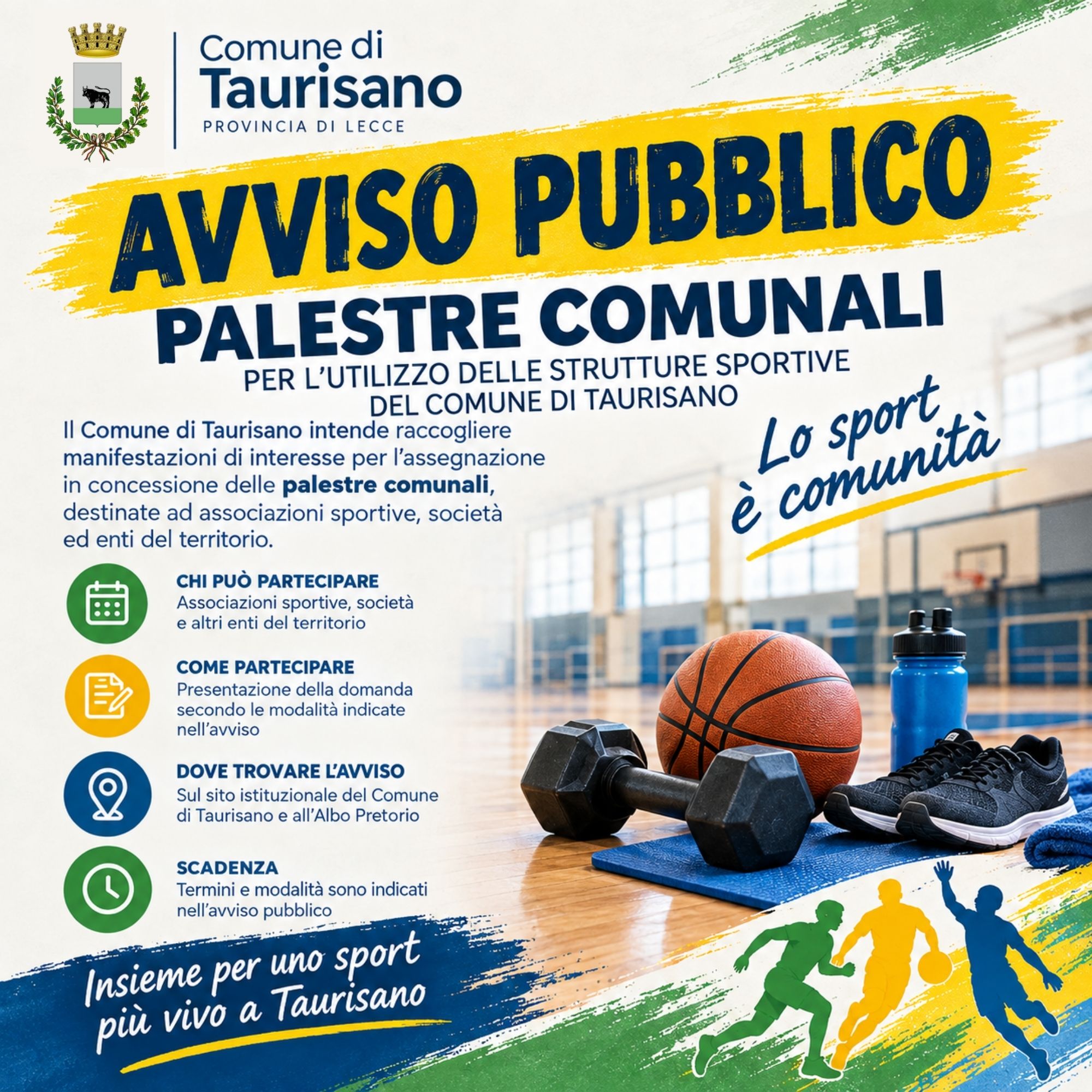 Avviso Pubblico per manifestazione di interesse per l'assegnazione in comodato d'uso temporaneo delle palestre di proprietà comunale a soggetti terzi non istituzionali — Anno sportivo 2026/2027