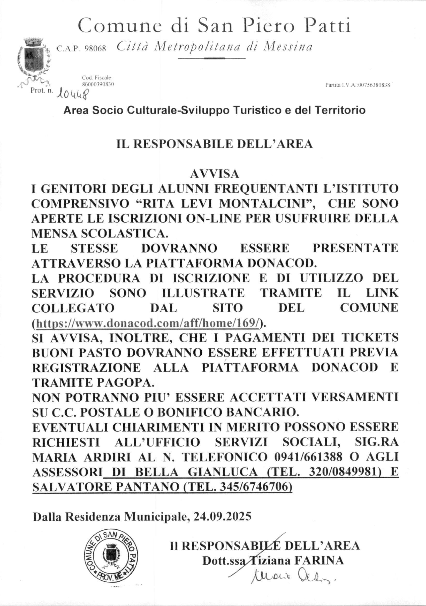 Avviso  apertura iscrizioni on-line per usufruire del servizio mensa scolastica.