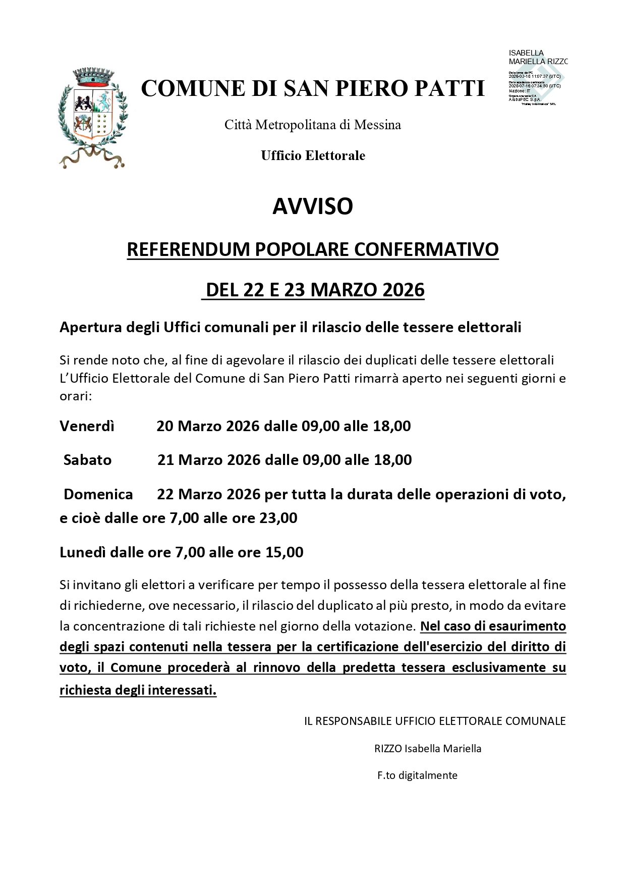 AVVISO  REFERENDUM POPOLARE CONFERMATIVO   DEL 22 E 23 MARZO 2026 