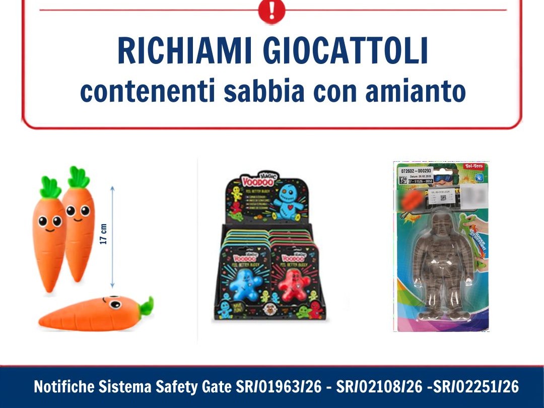 Richiami di giocattoli riempiti di sabbia che potrebbe contenere amianto