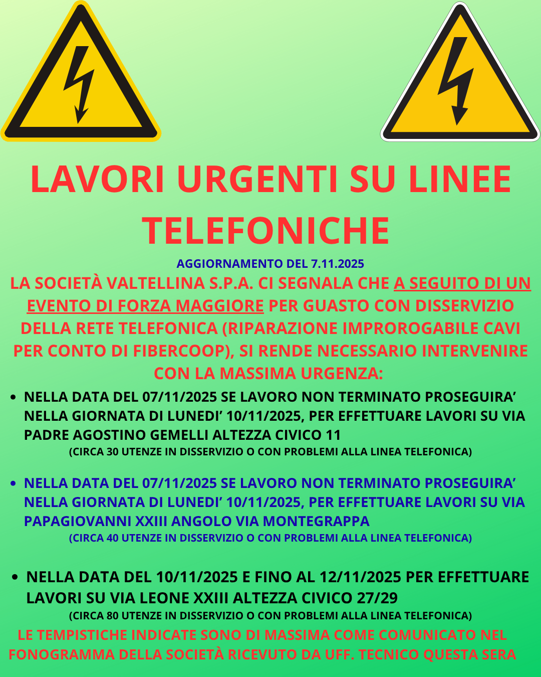 Lavori urgenti su linee telefoniche