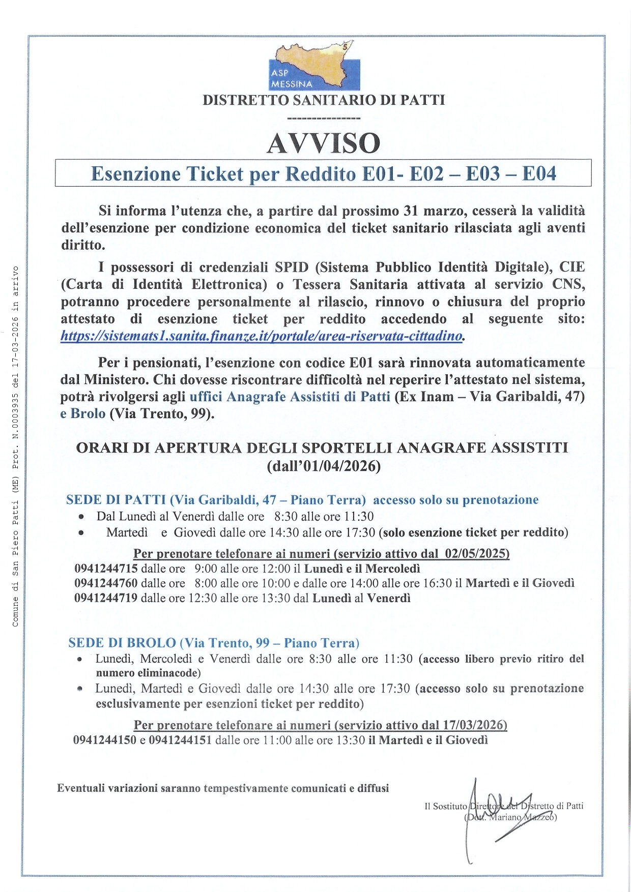 AVVISO  Esenzione Ticket per Reddito E01- E02 — E03 — E04