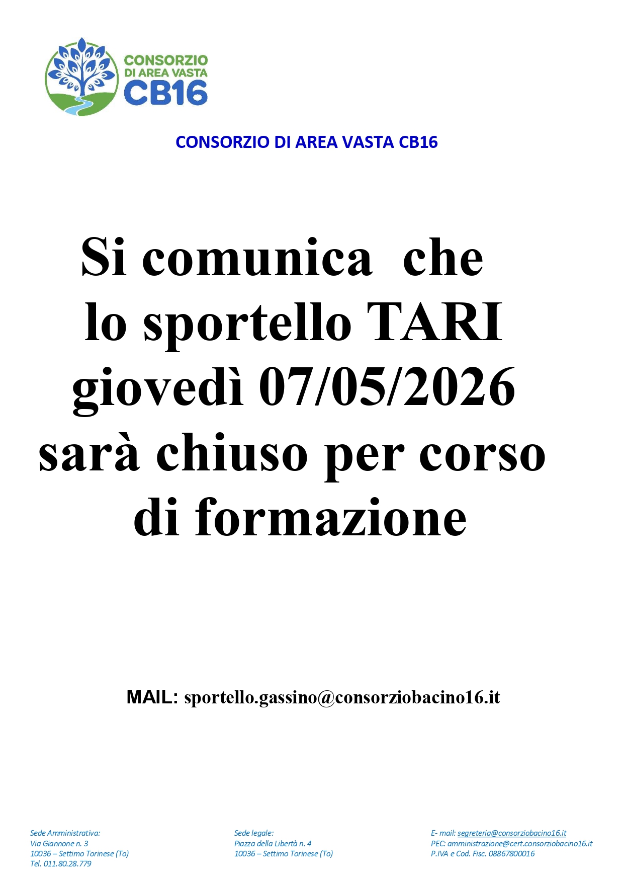 Chiusura Sportello Tari 7/05/2026