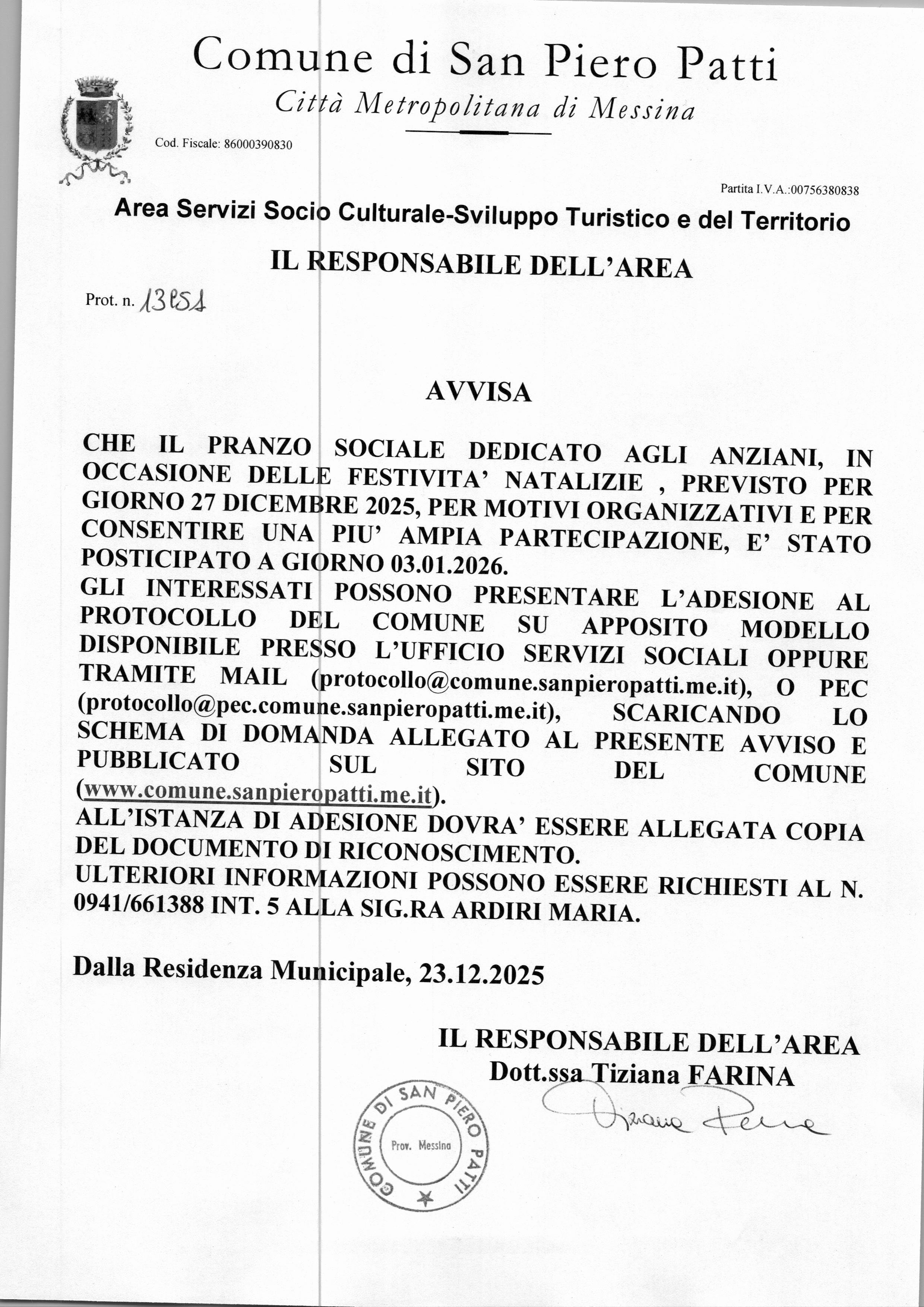 Rinvio pranzo sociale dedicato agli anziani