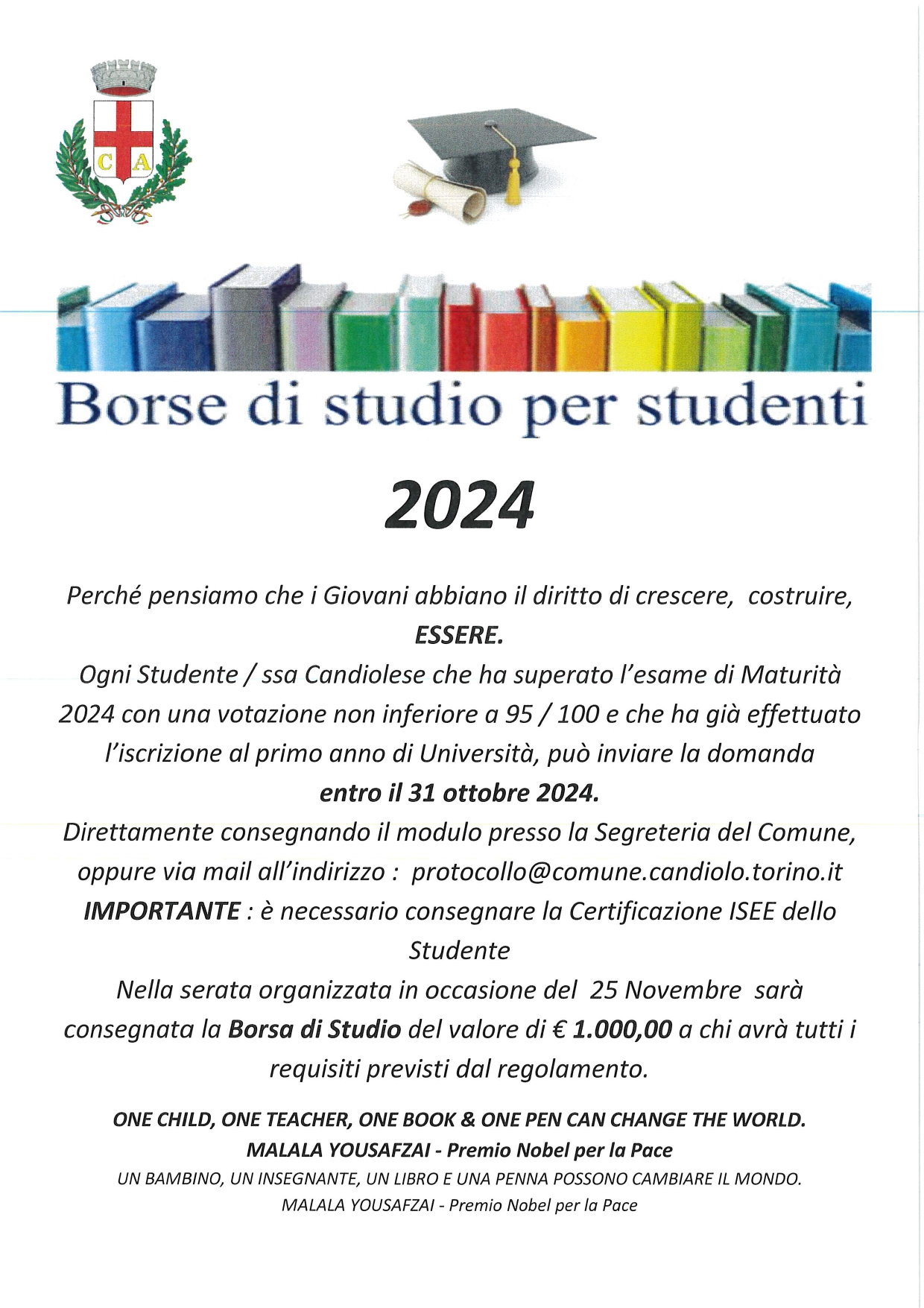 Avviso per l'assegnazione di una borsa di studio a studente/essa che ha frequentato il quinto anno della Scuola Secondaria di secondo grado in esecuzione del Regolamento Donna Candiolese dell'anno anno scolastico 2023-2024