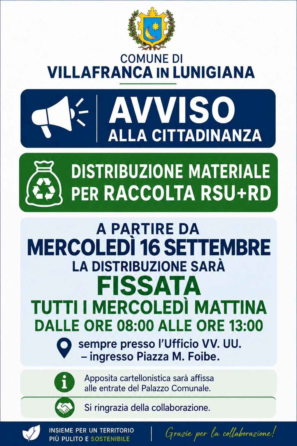 Distribuzione del materiale per la raccolta RSU e RD: nuovo orario settimanale