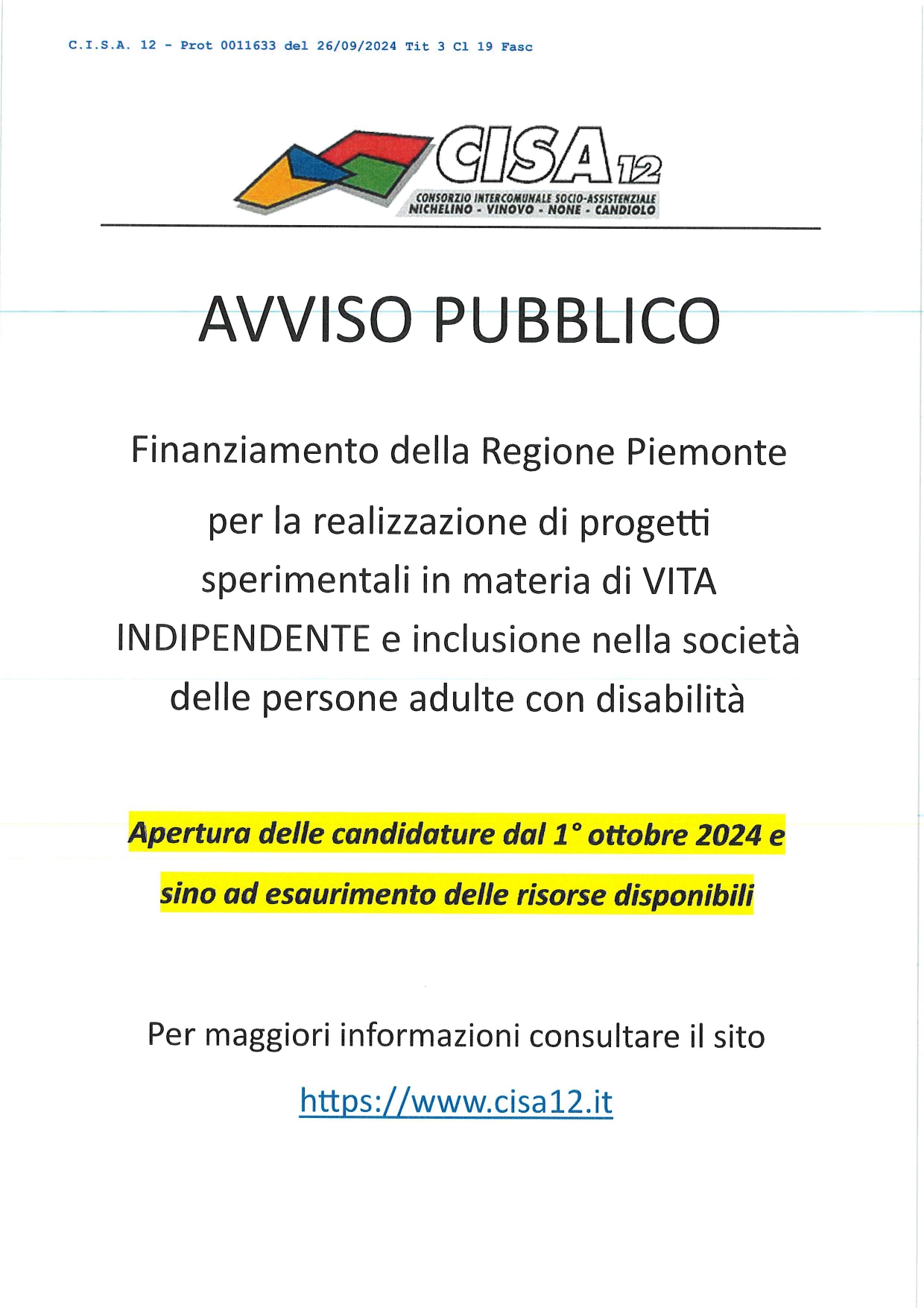 Avviso pubblico del Consorzio CISA 12