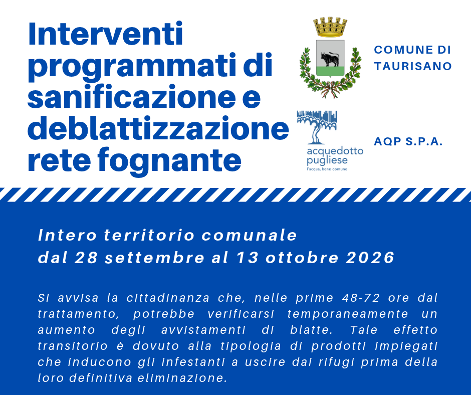 Interventi programmati di sanificazione e deblattizzazione della rete fognante dal 28/09/2026 al 13/10/2026