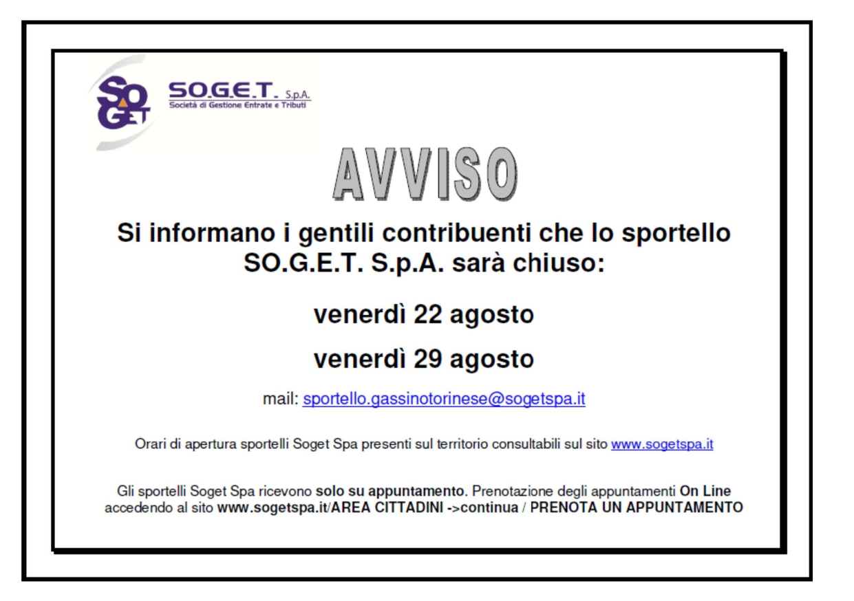 Chiusura sportello Soget S.p.A.  Venerdì 22 e Venerdì 29 Agosto 2025