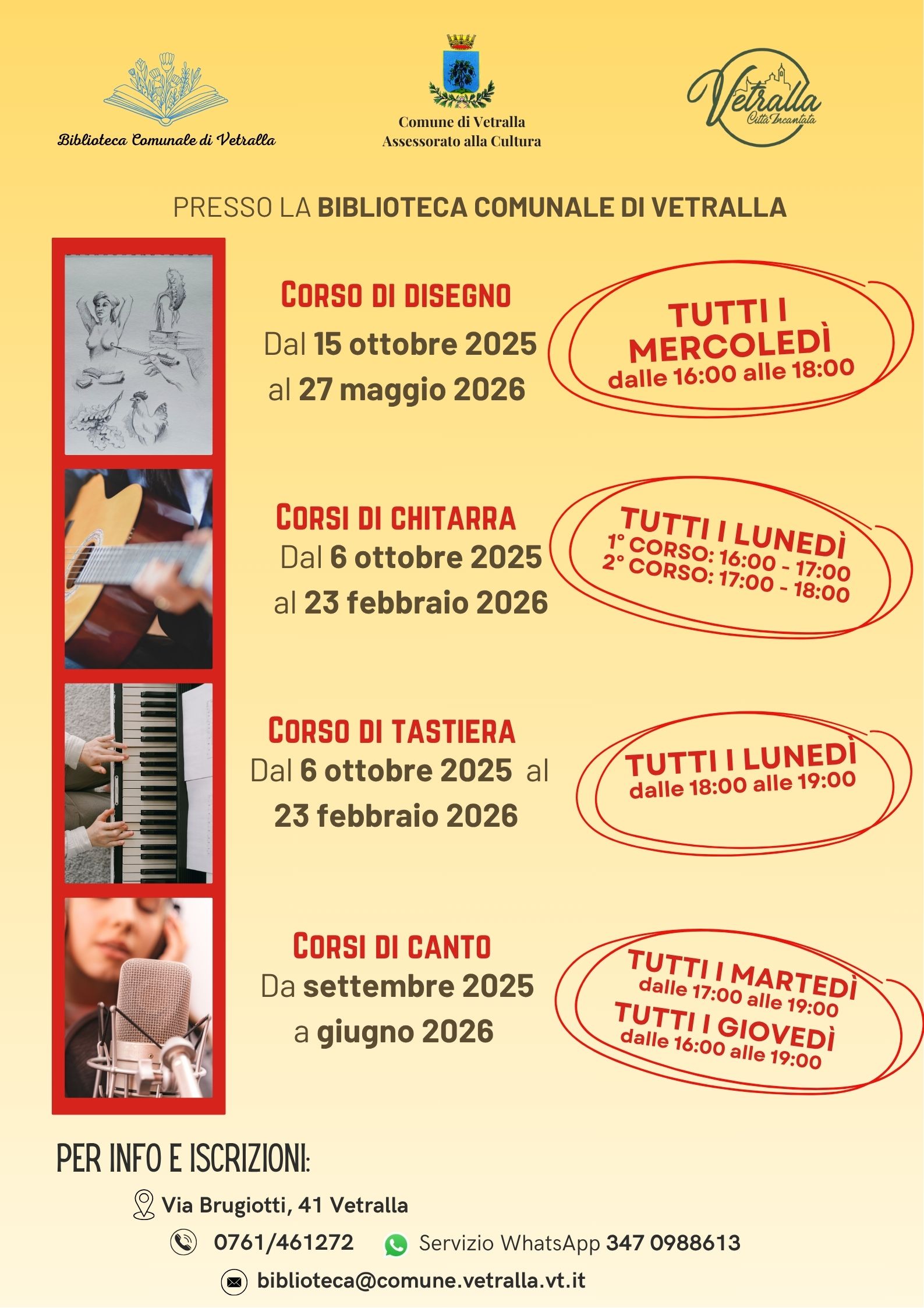 Corsi gratuiti di chitarra/tastiera, canto e disegno presso la Biblioteca Comunale
