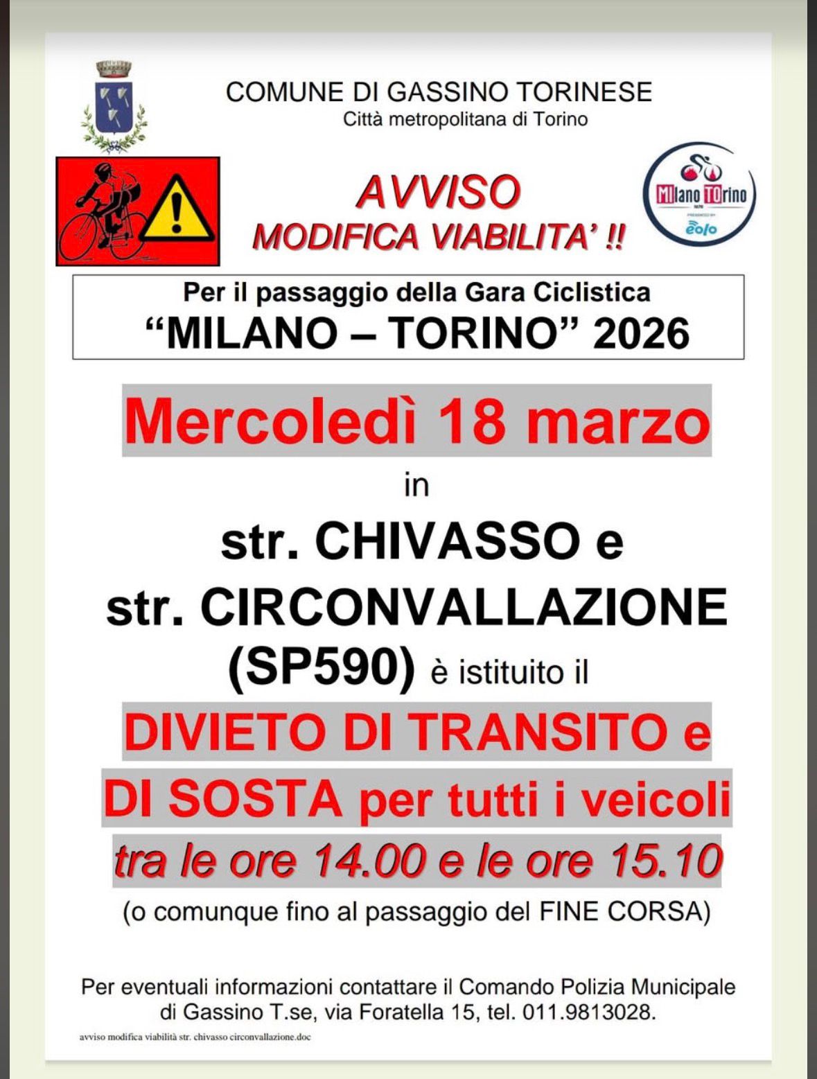 Avviso modifica della viabilità