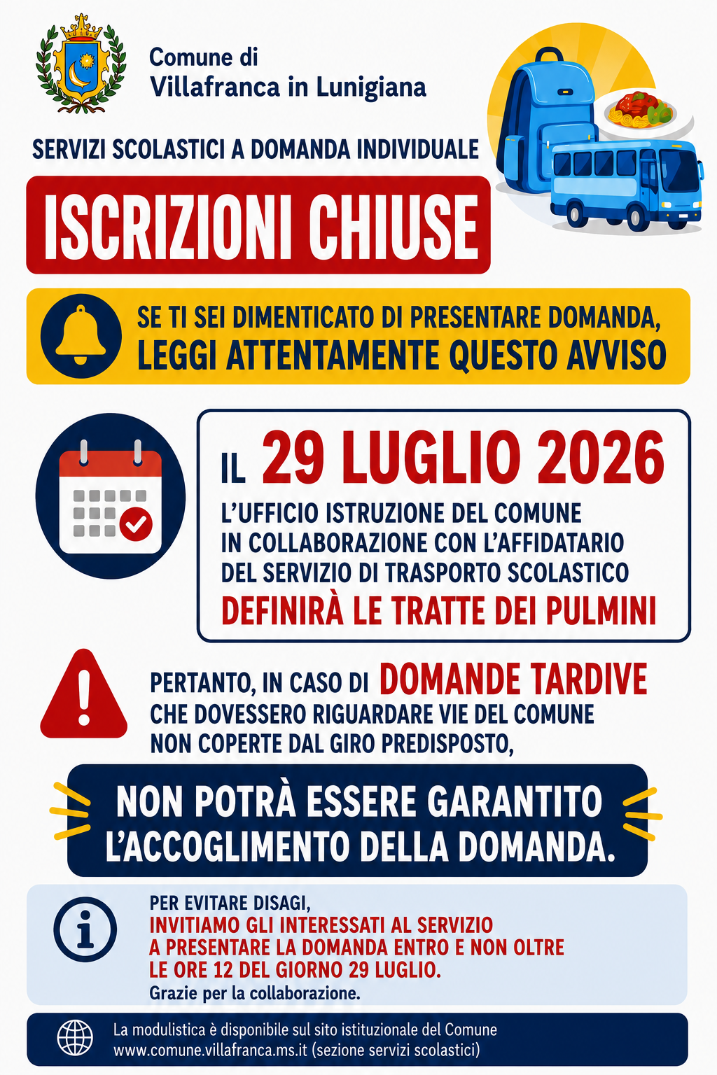 Servizi scolastici: iscrizioni chiuse. Attenzione alle domande tardive