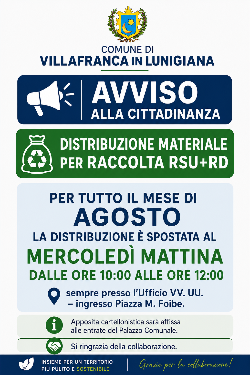 CAMBIO ORARIO DISTRIBUZIONE MATERIALE RACCOLTA RSU+RD – mese di AGOSTO 2026 