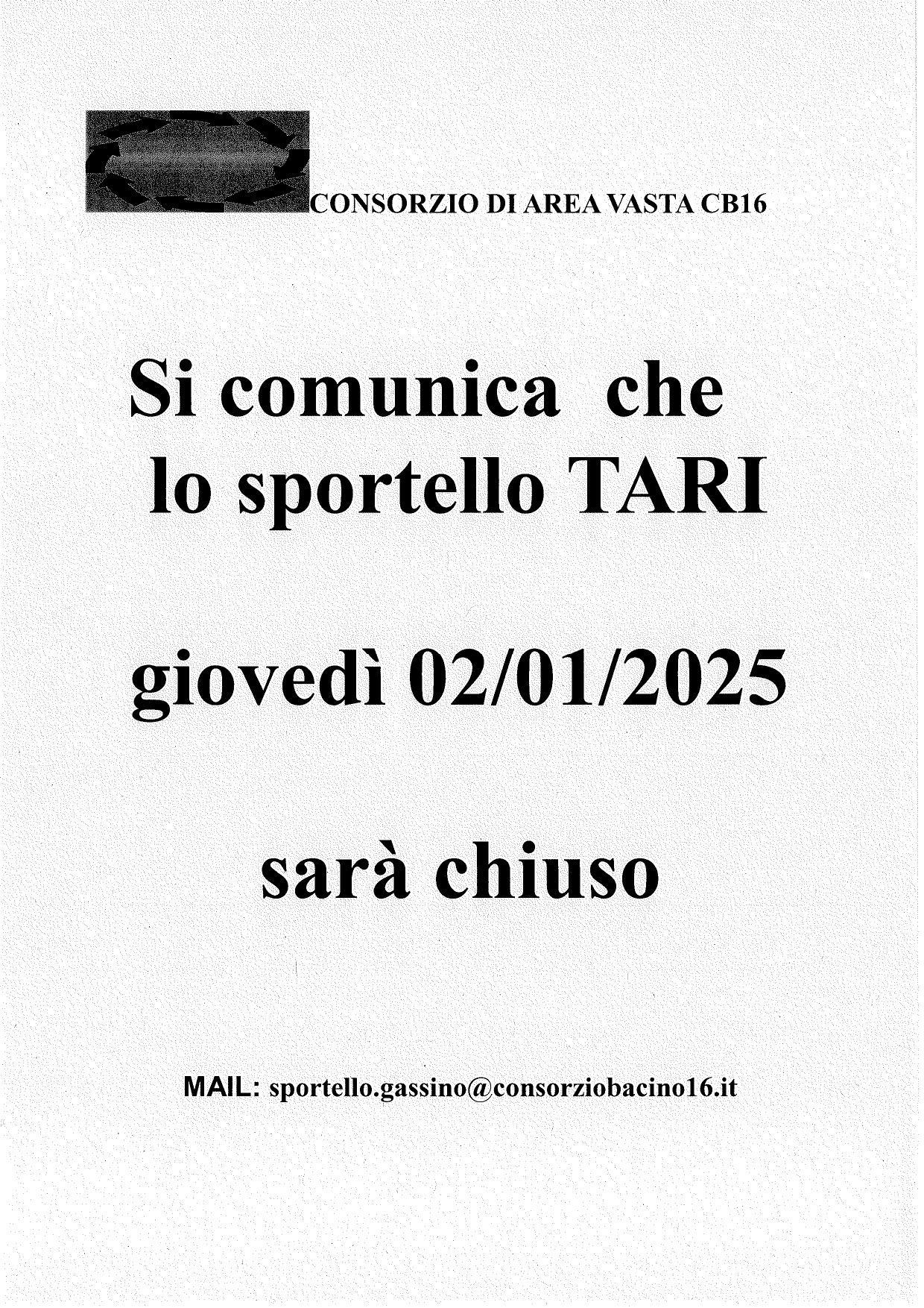 Chiusura Sportello Consorzio di Area Vasta CB 16